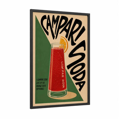 Campari Soda Cocktail Retro Wall Art framed art print — black wood frame — beige and red palette