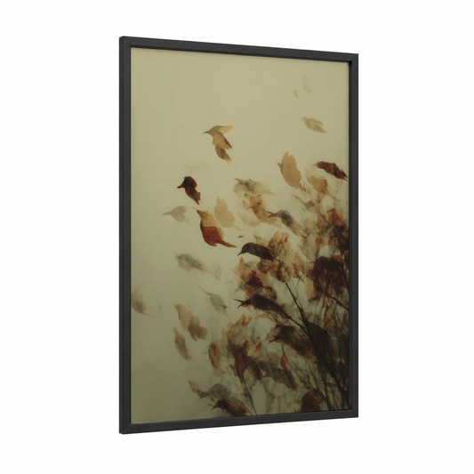 Autumn Leaf Dance framed art print — black wood frame — cream and russet palette
