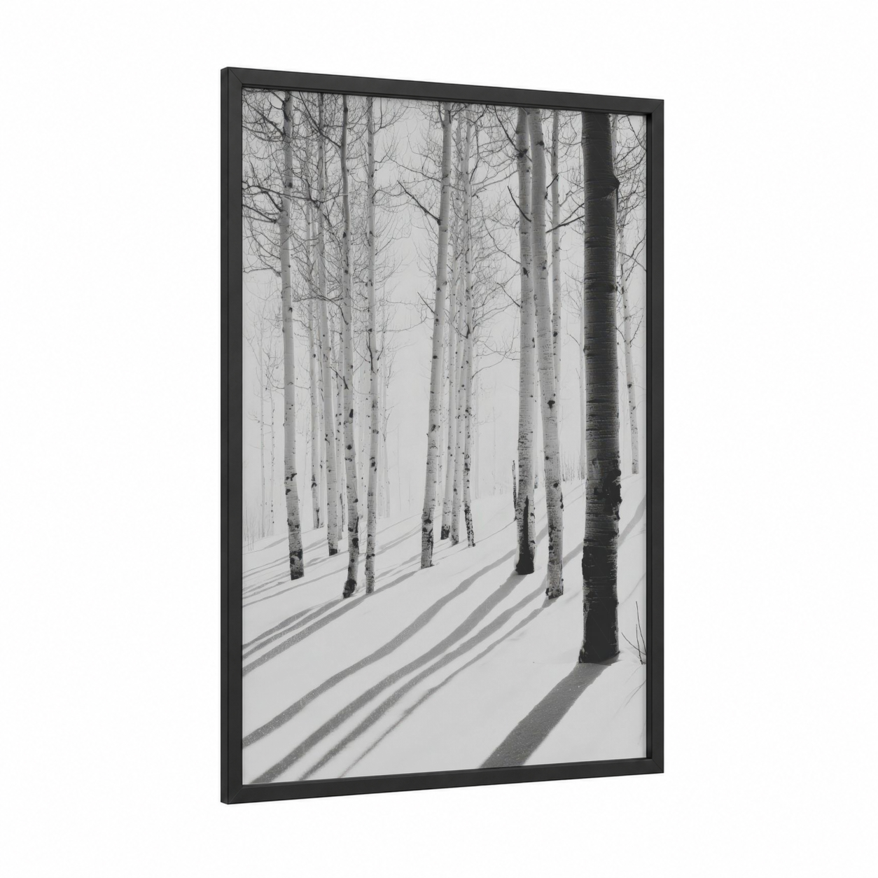 Snowy Aspen Shadows framed aspen forest print — black wood frame — black and white and gray palette
