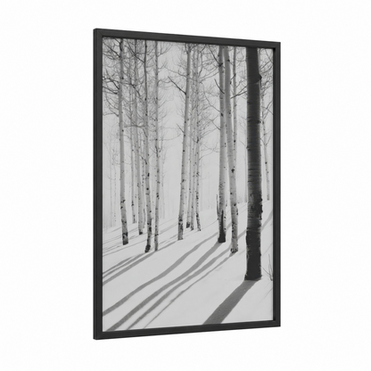 Snowy Aspen Shadows framed aspen forest print — black wood frame — black and white and gray palette