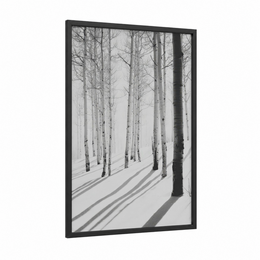 Snowy Aspen Shadows framed aspen forest print — black wood frame — black and white and gray palette