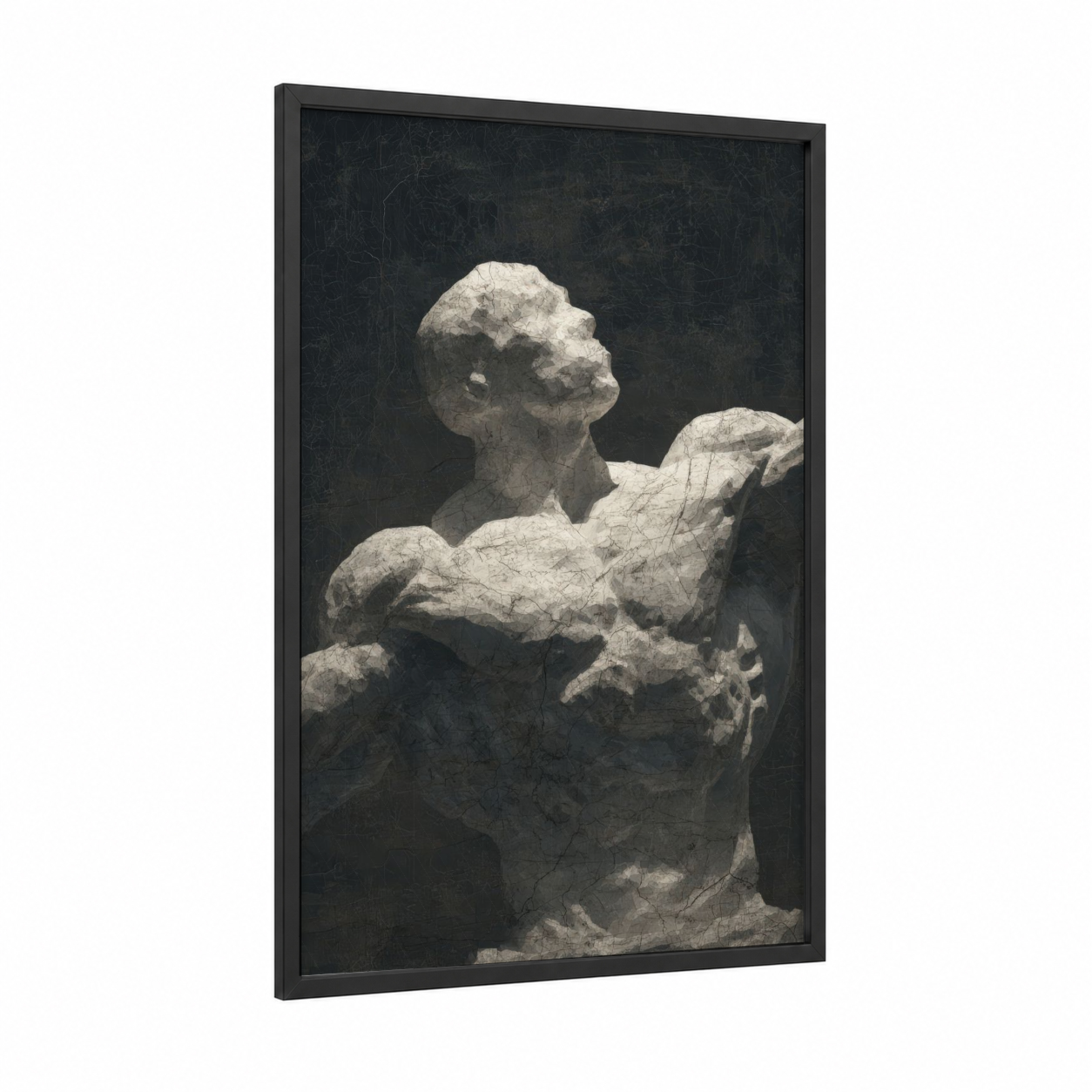 Sculpted Strength framed bodybuilding print — black wood frame — white and black palette