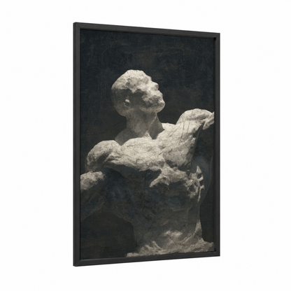 Sculpted Strength framed bodybuilding print — black wood frame — white and black palette