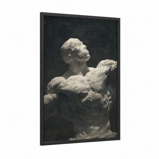 Sculpted Strength framed bodybuilding print — black wood frame — white and black palette