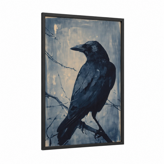 Contemplative Raven framed crows and ravens print — black wood frame — black and gray and white palette