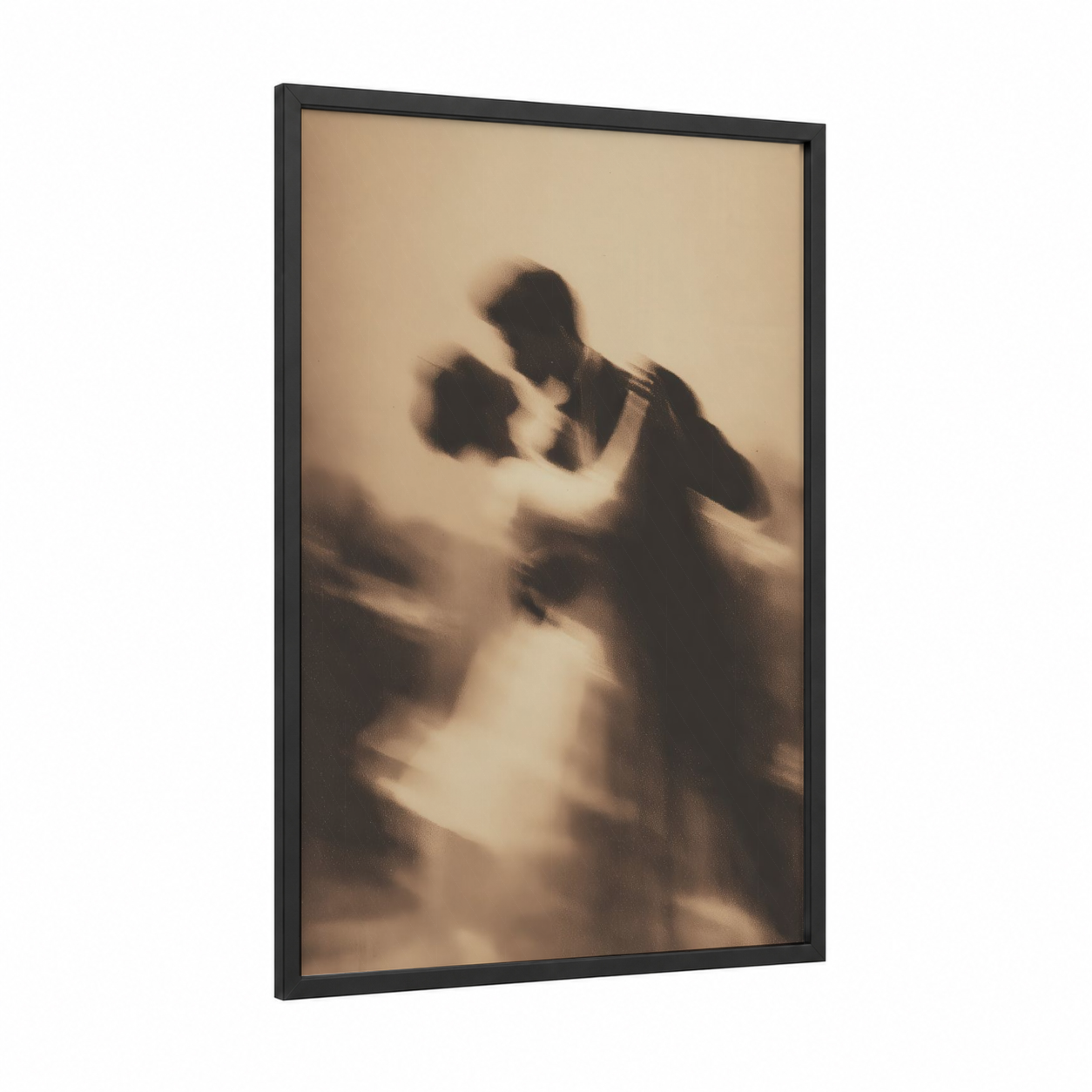 Romantic Dance Silhouette framed ballroom dance print — black wood frame — beige and gray palette