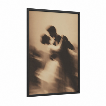 Romantic Dance Silhouette framed ballroom dance print — black wood frame — beige and gray palette