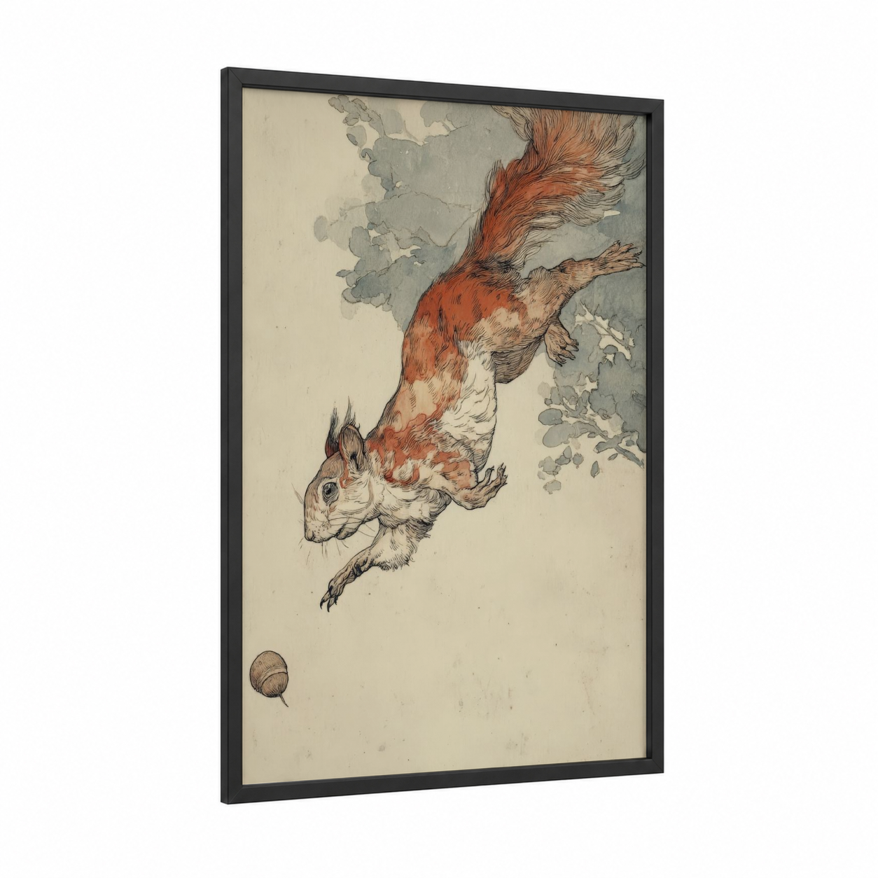 Leaping Red Squirrel framed art print — black wood frame — russet and cream palette