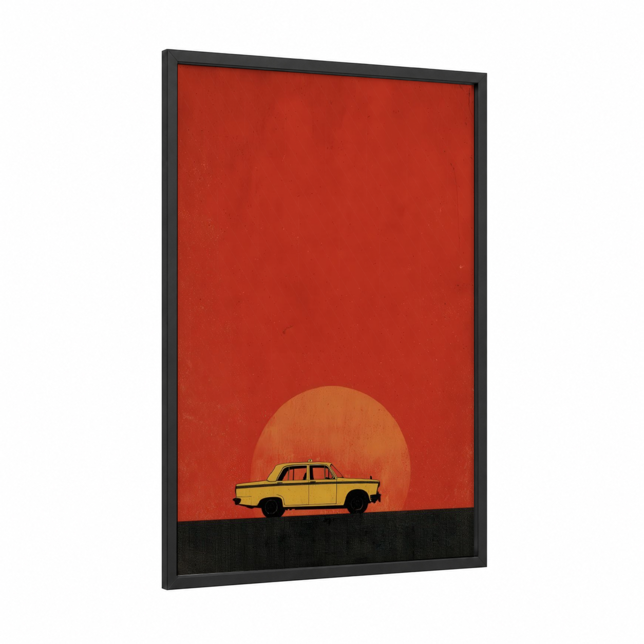 Sunrise Taxi framed taxi cab print — black wood frame — red and gold palette