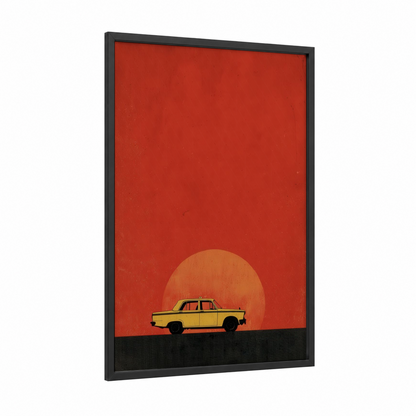 Sunrise Taxi framed taxi cab print — black wood frame — red and gold palette