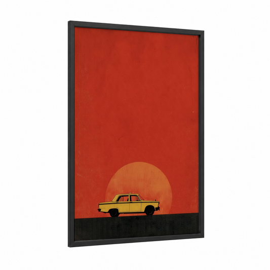 Sunrise Taxi framed taxi cab print — black wood frame — red and gold palette