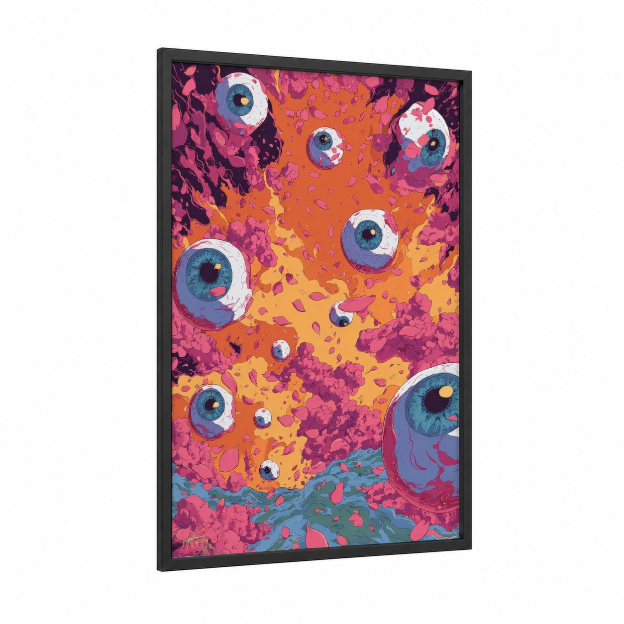 Psychedelic Eyeballs framed japanese psychedelic print — black wood frame — magenta and orange palette