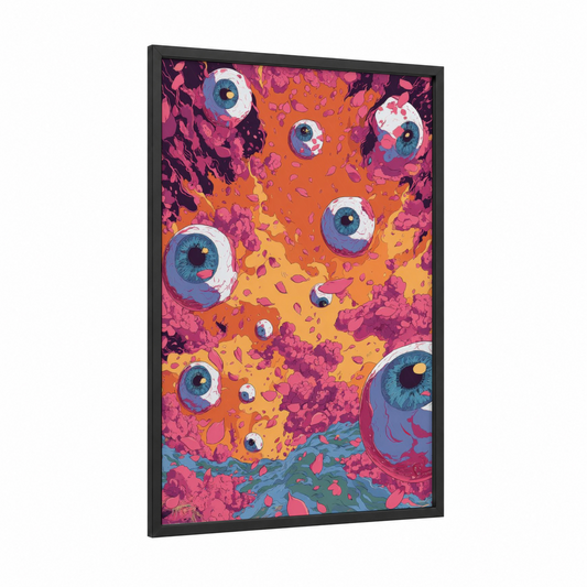 Psychedelic Eyeballs framed japanese psychedelic print — black wood frame — magenta and orange palette
