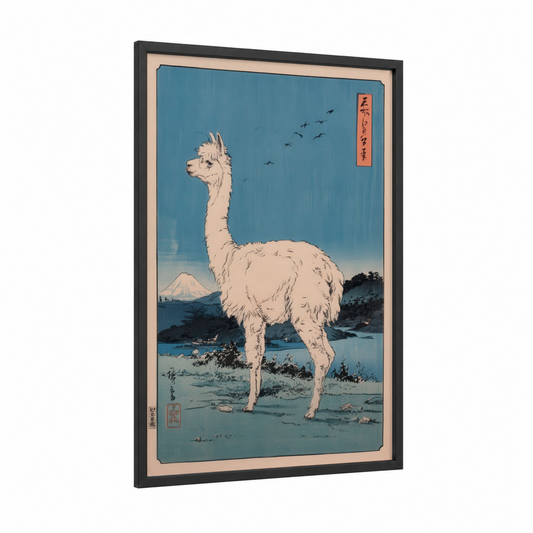 Sacred Mountain Alpaca framed art print — black wood frame — blue and white palette