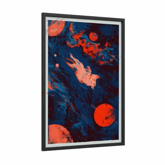 Cosmic Pig framed art print — black wood frame — blue and red palette