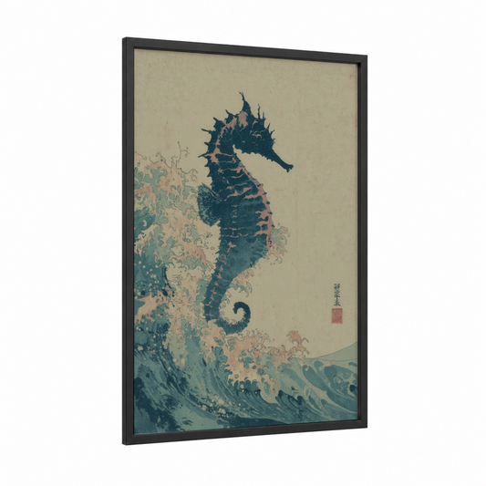 Wave Seahorse framed sea horse print — black wood frame — teal and cream palette
