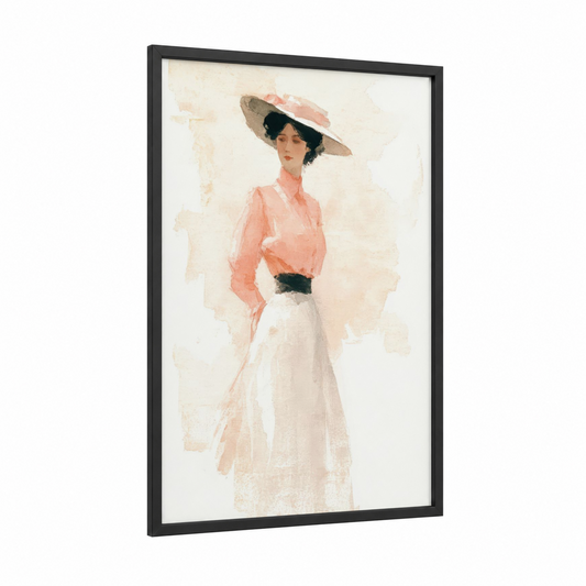 Elegant Gibson Girl framed vintage fashion print — black wood frame — peach and cream palette