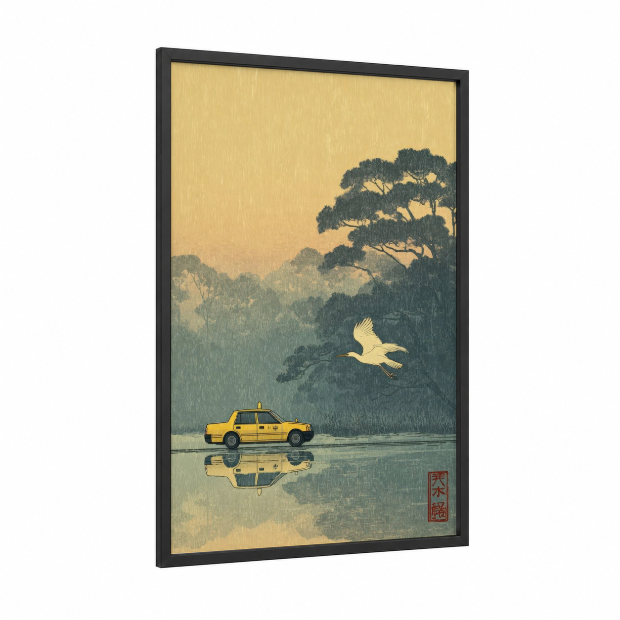 Yellow Taxi Dream framed taxi cab print — black wood frame — yellow gold and gray palette