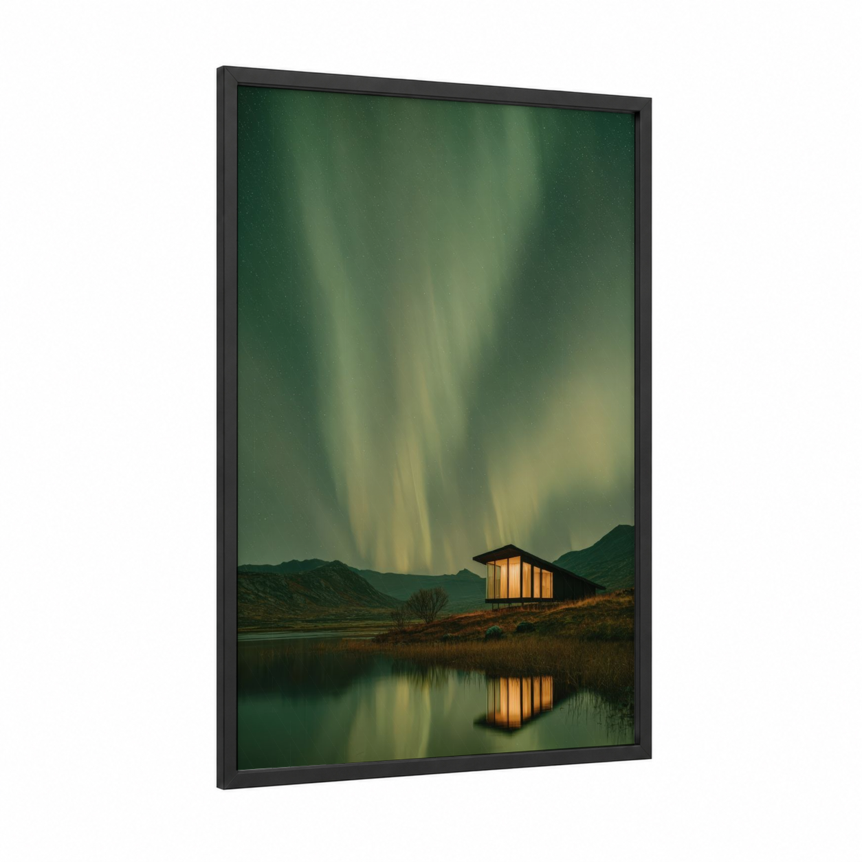 Aurora Cabin framed northern lights print — black wood frame — dark green and gold palette