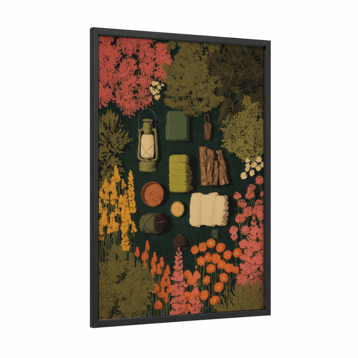 Camping Essentials framed art print — black wood frame — mustard palette