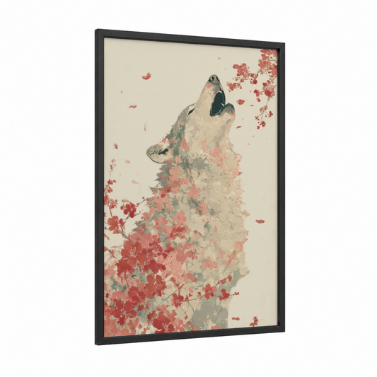 Crimson Howl Wolf framed art print — black wood frame — cream and salmon pink palette