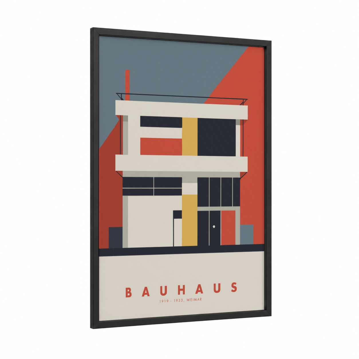 Bauhaus Modernism framed abstract architecture print — black wood frame — red and gold palette