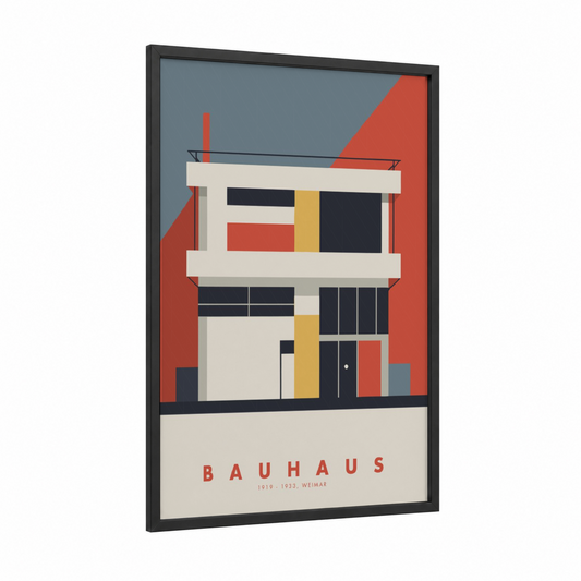 Bauhaus Modernism framed abstract architecture print — black wood frame — red and gold palette