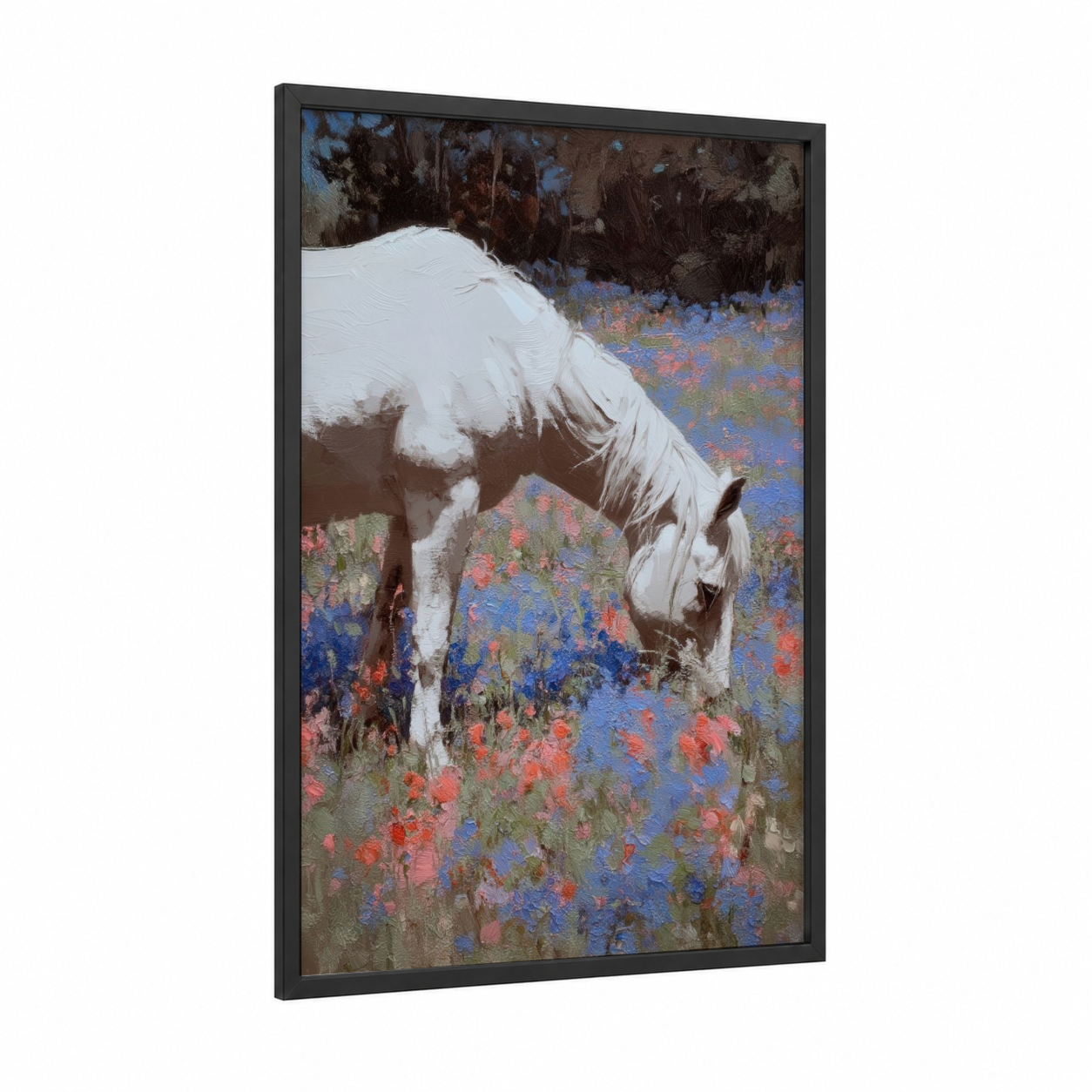 Grazing Quarter Horse framed art print — black wood frame — blue and pink palette
