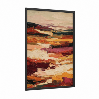 Crimson Dune Landscape framed art print — black wood frame — russet and gold palette