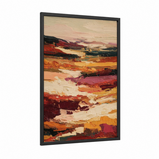 Crimson Dune Landscape framed art print — black wood frame — russet and gold palette