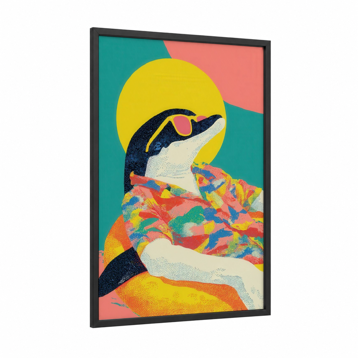 Colorful Dolphins framed art print — black wood frame — yellow and teal palette