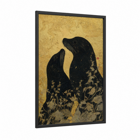 Nurturing Sea Lions framed art print — black wood frame — black and gold and gold palette