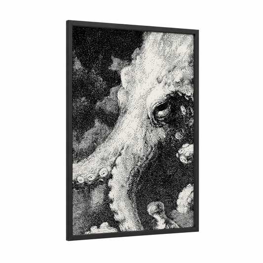 Deep Sea Squid framed art print — black wood frame — black and white palette