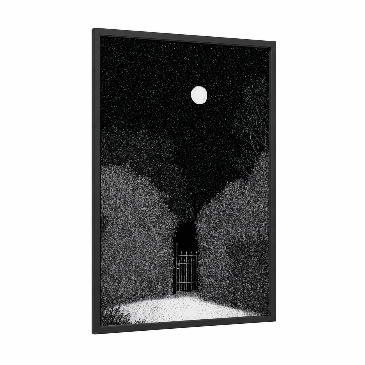 Moonlit Gate framed art print — black wood frame — black and white palette