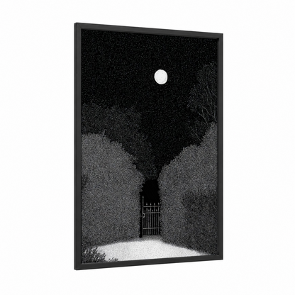 Moonlit Gate framed art print — black wood frame — black and white palette