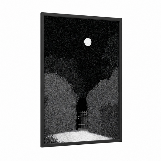 Moonlit Gate framed art print — black wood frame — black and white palette