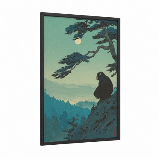 Contemplative Chimpanzee framed art print — black wood frame — teal and sage green palette
