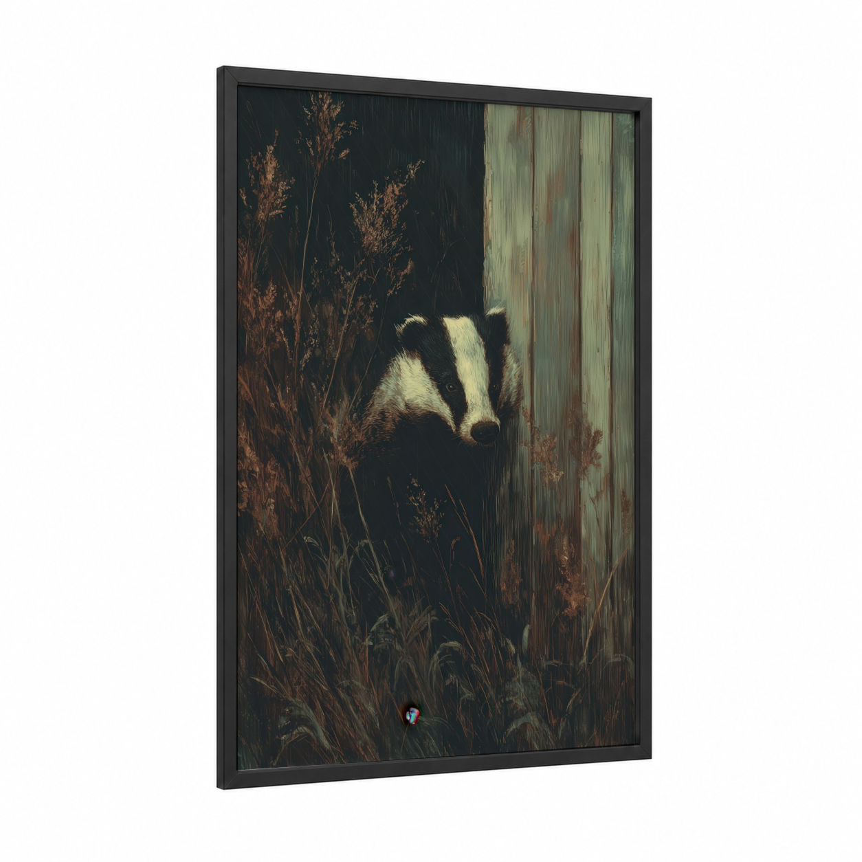 Woodland Badger framed art print — black wood frame — brown and dark green palette