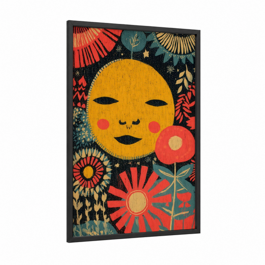 Cheerful Sun Face framed the sun print — black wood frame — gold and red palette