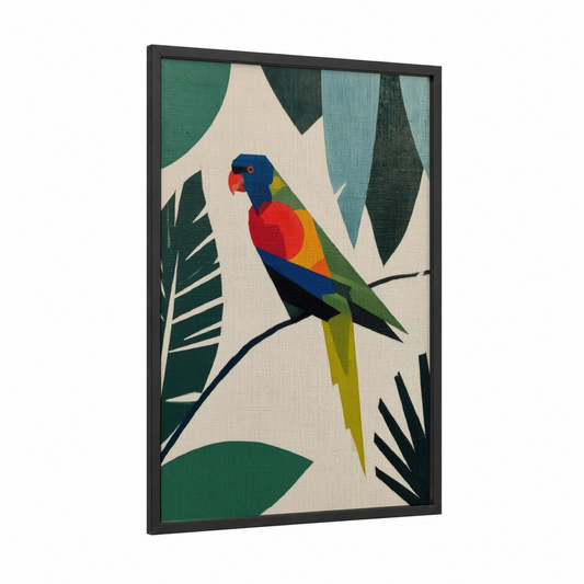 Tropical Lorikeet framed rainbow lorikeet print — black wood frame — true green and blue palette