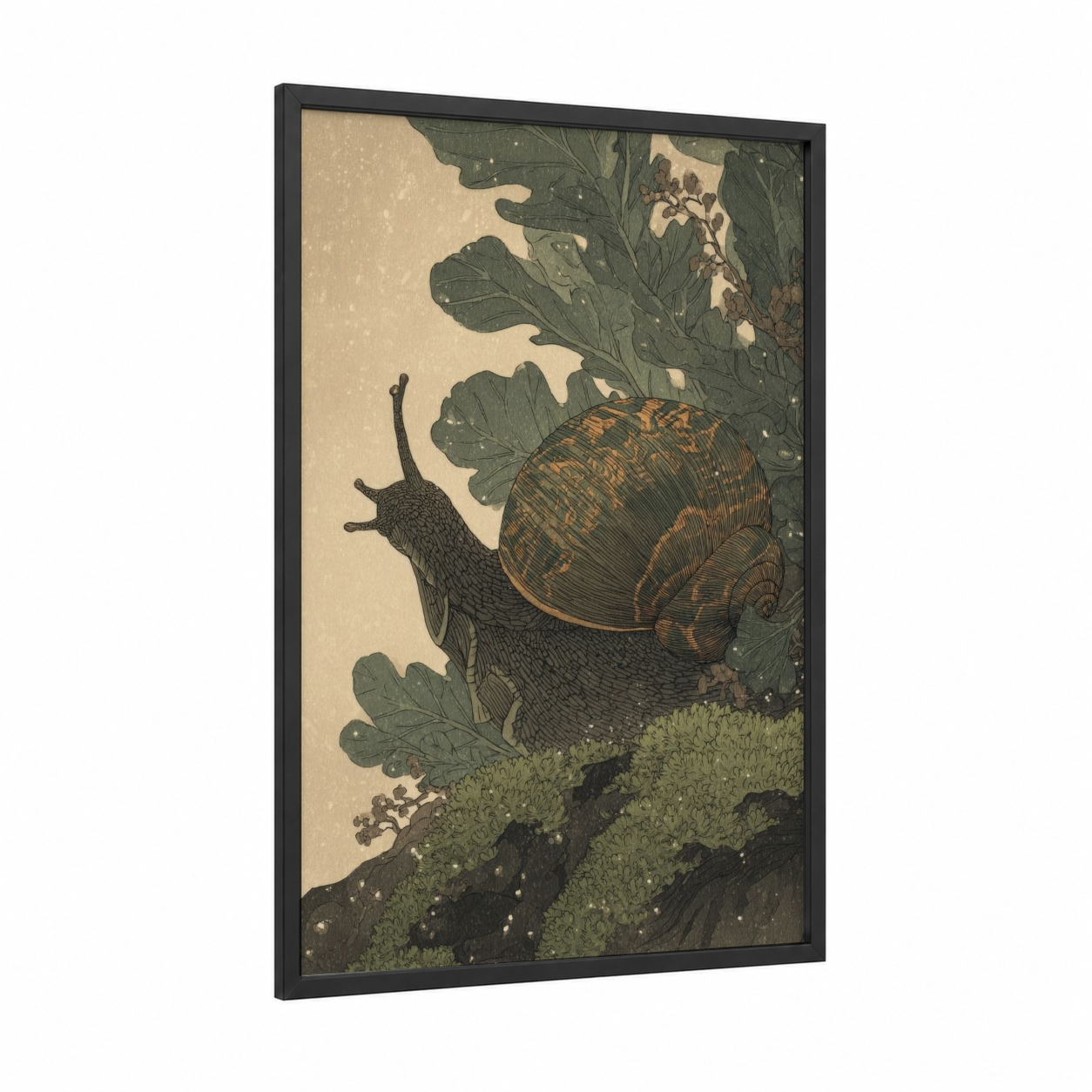 Garden Snail framed art print — black wood frame — cream and dark green palette