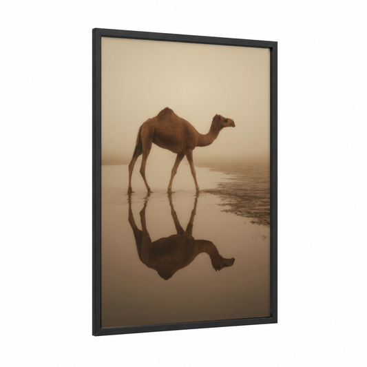 Desert Mirage Camel framed art print — black wood frame — beige and brown palette