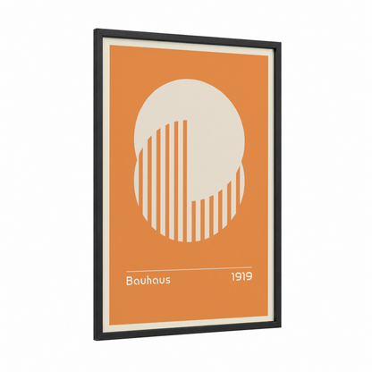 Bauhaus Profile framed abstract geometric print — black wood frame — orange and cream palette
