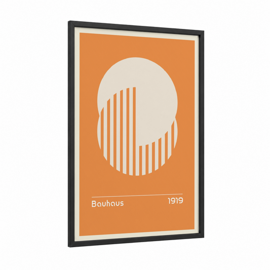 Bauhaus Profile framed abstract geometric print — black wood frame — orange and cream palette