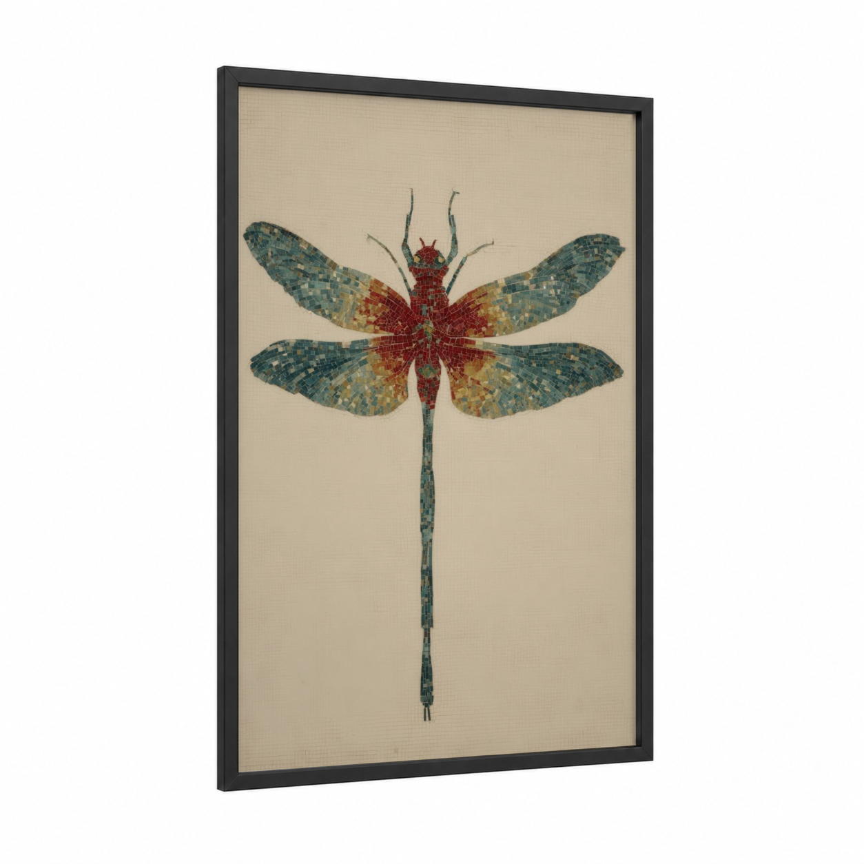 Crimson Dragonfly framed art print — black wood frame — teal and red palette