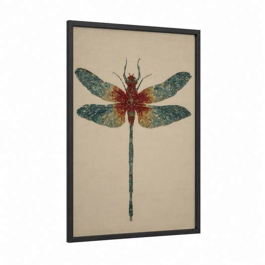 Crimson Dragonfly framed art print — black wood frame — teal and red palette