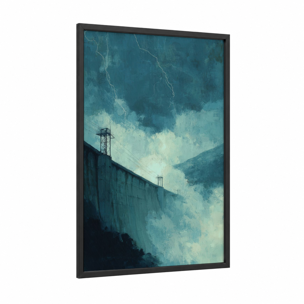 Stormy Dam framed art print — black wood frame — teal and cream palette