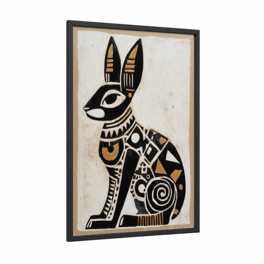 Egyptian Hare framed abstract traditional print — black wood frame — black and gold palette