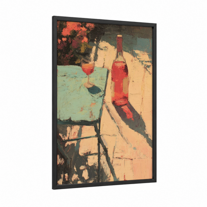 Rosé Wine Afternoon framed rose wine print — black wood frame — peach and teal palette