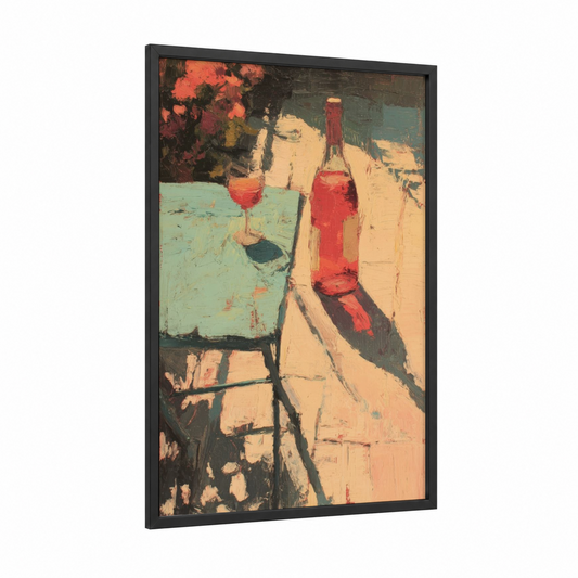 Rosé Wine Afternoon framed rose wine print — black wood frame — peach and teal palette